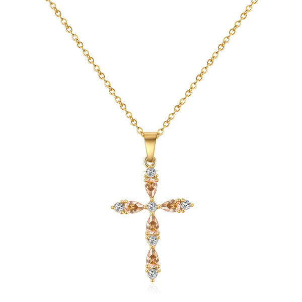 XL001-5 Champagne Water Drop Zircon Cross Pendant