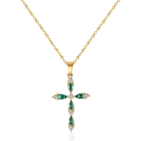 XL001-4 Green Water Drop Zircon Cross Pendant